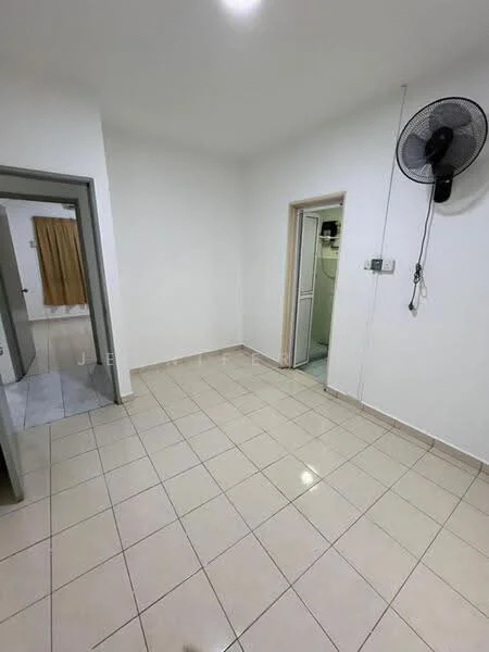 Room features: white painted walls, tile flooring, ceiling fan, doorway to adjacent room, doorway to utility area, window with curtain, light fixture on ceiling.