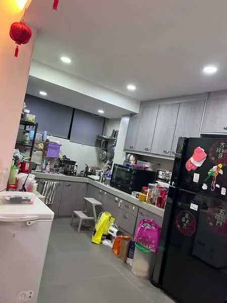 Kitchen features: grey cabinetry, black refrigerator, microwave, kettle, toaster, stainless-steel sink, countertop with storage, open shelving, tile flooring, recessed downlights, multiple kitchen appliances, decorative lantern, various food containers; style: modern.