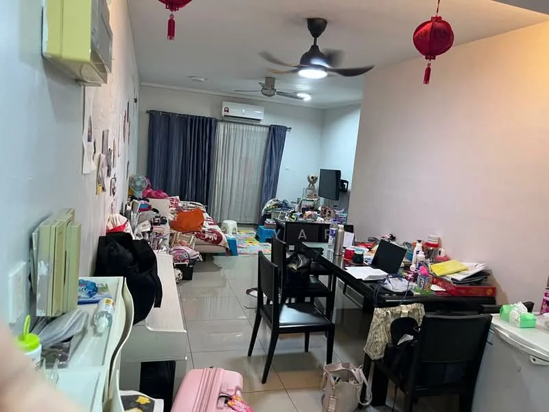Living features: grey painted walls, white ceiling, 5-blade ceiling fan, floor-to-ceiling window with sheer curtains, ceramic tile flooring, black dining table with four chairs, television on a stand, various clutter and personal items, air conditioning unit on the wall, decorative red lanterns.
