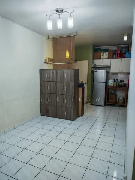 Room features: white painted walls, glossy white tile flooring, ceiling light fixture with multiple bulbs, built-in wooden cabinet, stainless-steel fridge, kitchen cabinetry, open layout, window with blinds; style: modern.