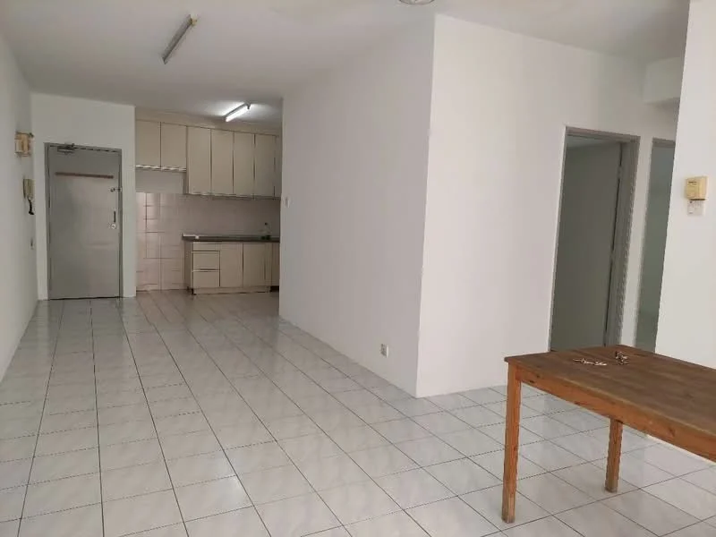 Room features: white painted walls, glossy white tile flooring, kitchen cabinetry in light color, stainless-steel sink, single-bowl stainless-steel sink, kitchen countertop, recessed lighting, open layout, dining table, doorway leading to another room; style: modern.