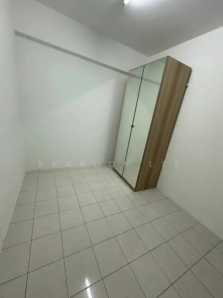 Room features: white painted walls, glossy ceramic tile flooring, built-in wardrobe with mirrored doors, single ceiling light fixture; style: modern.