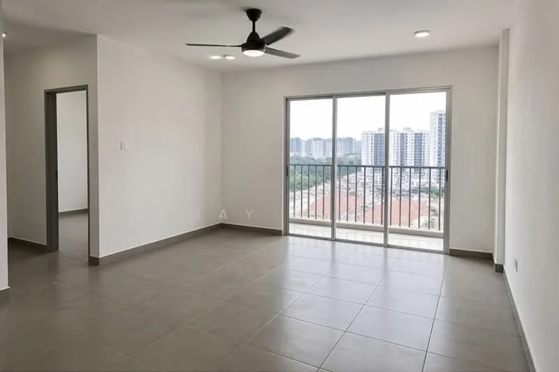Living features: light grey tiled flooring, white painted walls, 5-blade ceiling fan, floor-to-ceiling windows, sliding glass door, balcony access, natural light, city skyline view; style: modern; view: city.
