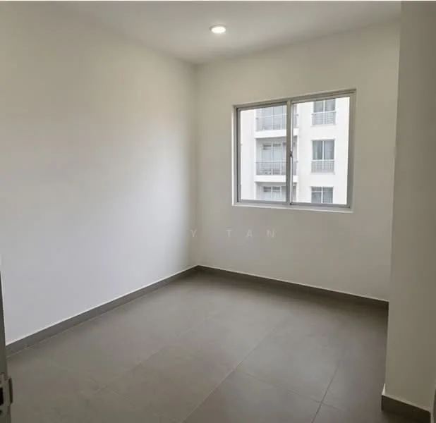 Room features: white painted walls, grey tile flooring, single window, natural light, no visible furniture, minimalist design, neutral color palette, corner room; style: modern.