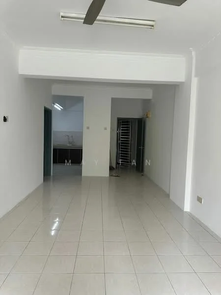 Room features: white painted walls, glossy ceramic tile flooring, ceiling with recessed lighting, ceiling fan, doorway leading to another room, open layout, large windows, neutral color scheme; style: modern.