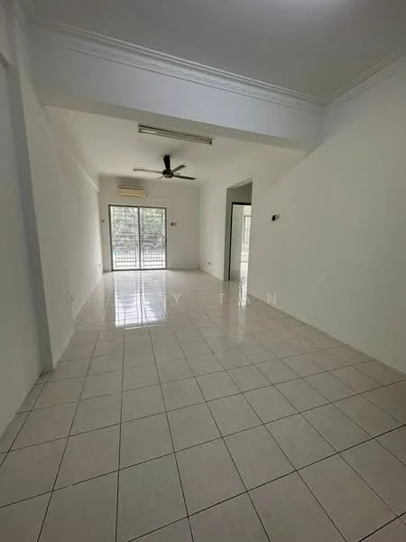 Living features: white painted walls, glossy ceramic tile flooring, 5-blade ceiling fan, sliding glass door, floor-to-ceiling windows, natural light from windows, crown moulding, open layout; style: modern; view: garden.