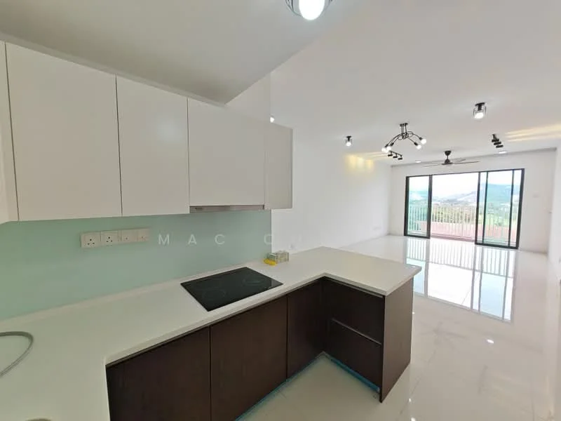 Kitchen features: white flat-panel cabinets, brown base cabinets, white quartz countertop, built-in stove, stainless-steel sink, chrome pull-down faucet, glass backsplash, recessed LED downlights, pendant light, floor-to-ceiling windows, sliding glass door, polished tile flooring; style: modern; view: mountain. Living features: open layout, recessed LED downlights, pendant light, floor-to-ceiling windows, sliding glass door, polished tile flooring; style: modern; view: mountain.