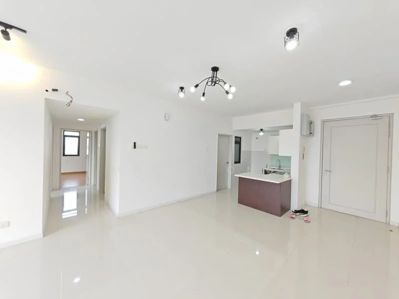 Living features: white painted walls, glossy tile flooring, ceiling light fixture with multiple bulbs, open layout to kitchen, large windows for natural light, air conditioning unit, neutral color scheme, minimalist design; style: modern. Kitchen features: kitchen island with countertop, white cabinetry, stainless-steel sink, built-in appliances, open layout to living area; style: modern.