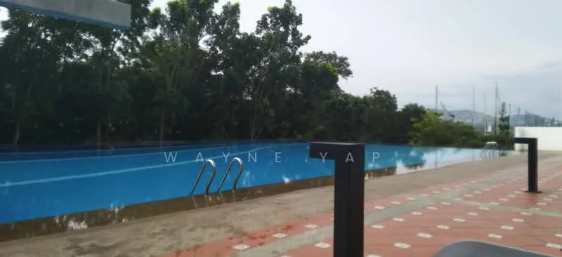 Exterior type: swimming pool deck; features: infinity pool, pool deck with loungers, surrounded by greenery, concrete flooring, handrails at pool entry, water feature, view of surrounding landscape; style: modern.
