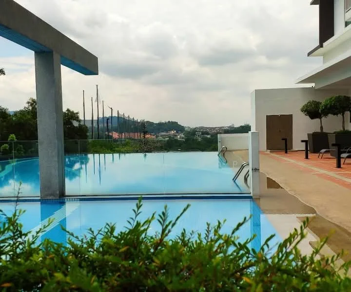 Exterior type: swimming pool deck; features: infinity pool, glass railing, pool deck with loungers, landscaped greenery, view of surrounding hills, paved walkway, outdoor seating area, trees in planters; style: modern.