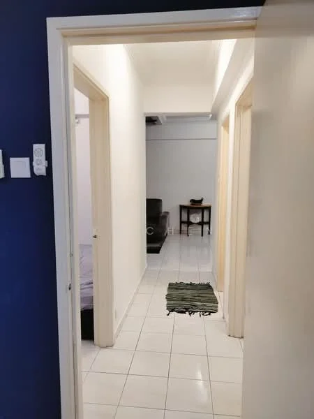 Room features: white painted walls, glossy ceramic tile flooring, door frames, light ceiling, neutral color scheme, rug, furniture visible in background; style: modern.