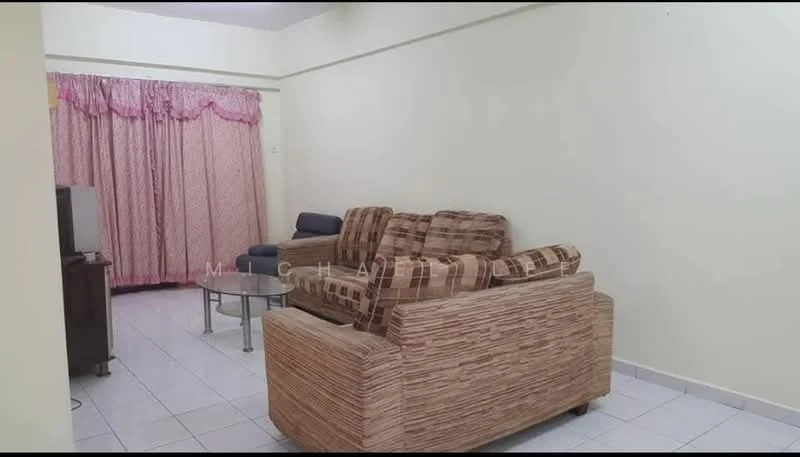 Living features: 3-seater fabric sofa in brown, 2-seater fabric sofa in navy blue, glass coffee table, white tiled flooring, cream painted walls, curtains with floral pattern, wall-mounted TV, decorative wall art; style: modern.