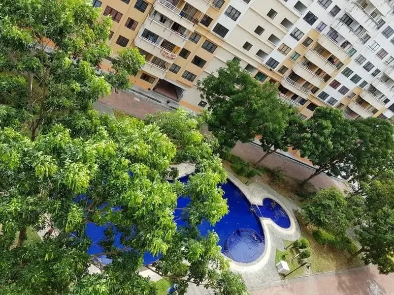 Exterior type: mid-rise condominium; features: swimming pool, landscaped garden, manicured lawn, surrounded by trees, balconies visible on building, paved walkway; style: modern.