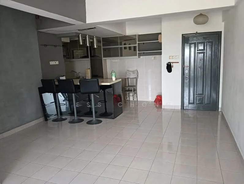 Living features: grey accent wall, white painted walls, glossy tile flooring, recessed downlights, pendant light, bar counter with stools, open kitchen layout, kitchen cabinetry, floor-to-ceiling windows, main entrance door; style: modern.