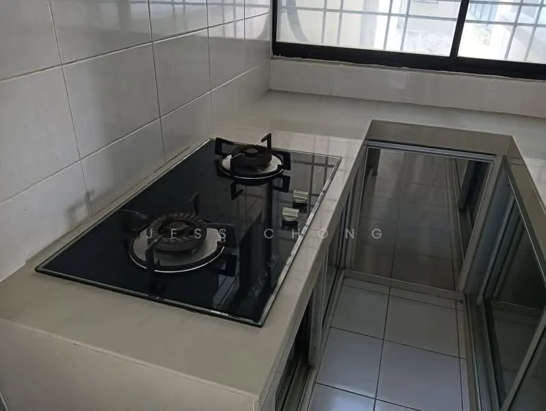 Kitchen features: glass cooktop with two burners, stainless-steel gas burners, white tiled backsplash, white countertop, grey cabinetry, large window for natural light, ceramic tile flooring, modern design; style: modern.