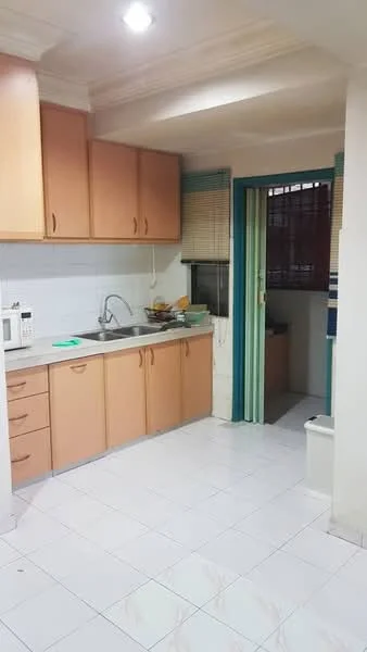 Kitchen features: light wood cabinetry, white tiled backsplash, single-bowl stainless-steel sink, chrome pull-down faucet, countertop with space for appliances, built-in oven, microwave, ceramic tile flooring, window with blinds, recessed ceiling lights. Room features: doorway leading to laundry area, white walls, light-colored trim.