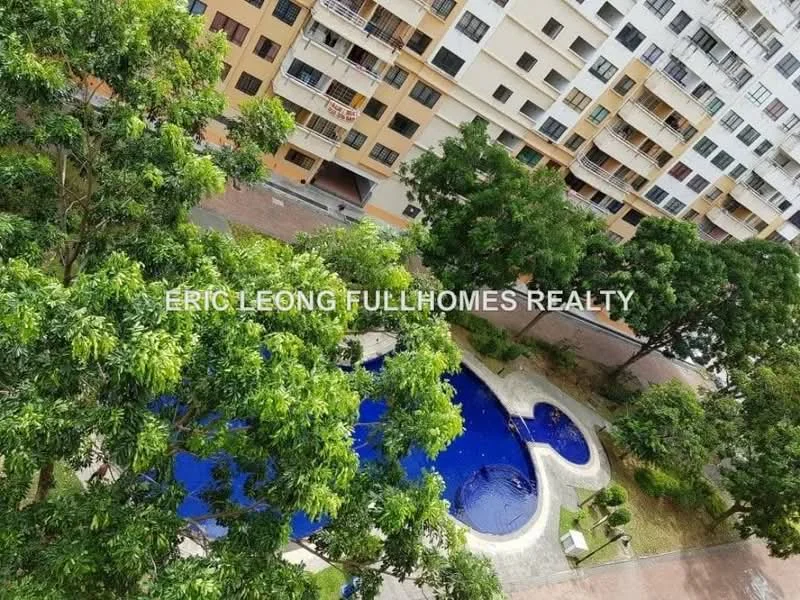 Exterior type: low-rise apartment block; features: swimming pool with unique shape, surrounding landscaped garden, manicured lawn, mature trees, paved walkway, multiple seating areas around the pool; style: modern.