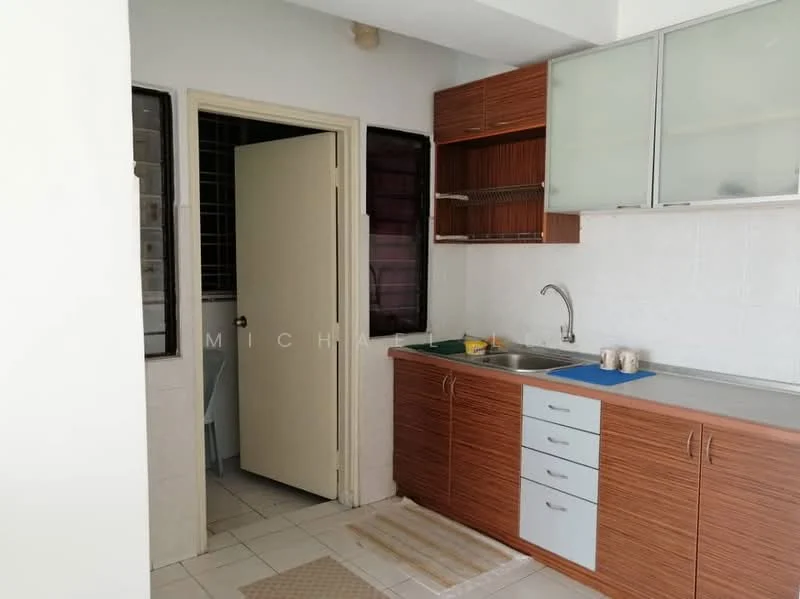 Kitchen features: brown wooden cabinetry, grey countertop, single-bowl stainless-steel sink, chrome pull-down faucet, white tiled backsplash, tile flooring, window with black grille, door leading to another room; style: modern.