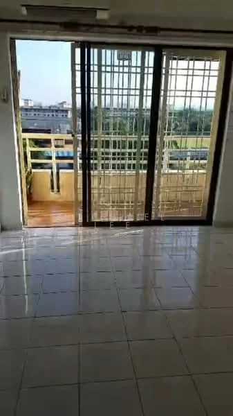 Room features: sliding glass door, tile flooring, balcony access, natural light from windows, white walls, grid pattern security grille, view of outdoor area, open space layout; view: garden.