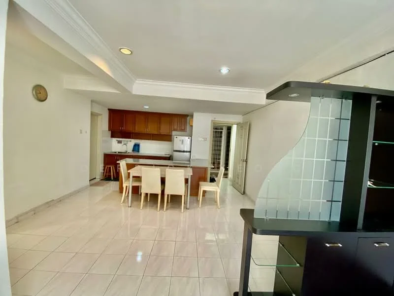 Dining features: white painted walls, glossy tile flooring, recessed downlights, dining table with 6 chairs, open layout to kitchen, built-in display cabinet, kitchen island, floor-to-ceiling windows; style: modern. Kitchen features: wood cabinetry, stainless-steel fridge, built-in oven, 4-burner gas hob, kitchen island, white tiled backsplash; style: modern.