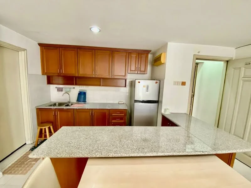 Kitchen features: brown wooden cabinetry, granite countertop, single-bowl stainless-steel sink, chrome pull-down faucet, stainless-steel fridge, built-in oven, ceramic tile flooring, recessed downlights, bar seating area, white tiled backsplash; style: modern.