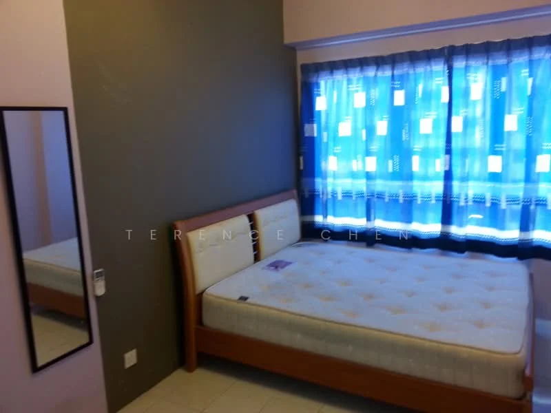 Bedroom features: queen-size bed, upholstered headboard, light grey painted walls, dark grey accent wall, floor-to-ceiling window with blue curtains, mirror on wall, tile flooring, decorative wall art, built-in wardrobe; style: modern.