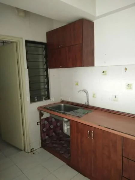 Kitchen features: brown wooden cabinetry, single-bowl stainless-steel sink, chrome faucet, white tiled backsplash, laminate countertop, white walls, tile flooring, window with metal grille, electrical outlets, under-cabinet lighting.