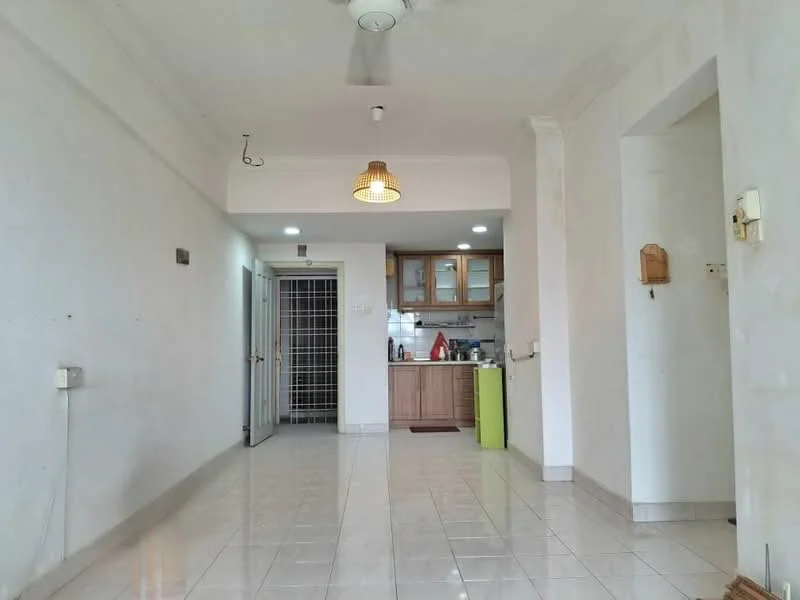 Living features: white painted walls, glossy tile flooring, 5-blade ceiling fan with light, pendant light, open layout to kitchen, sliding glass door, window with sheer curtains, built-in wall shelf; style: modern. Kitchen features: wood cabinetry, green cabinet, stainless-steel sink, built-in stove, countertop space, refrigerator, wall-mounted shelves; style: modern.