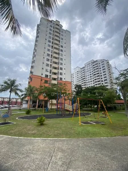 Exterior type: high-rise condominium; features: multi-storey building, playground area with swings, manicured lawn, palm trees, concrete pathway, surrounding greenery, residential complex, orange and white facade; style: modern.
