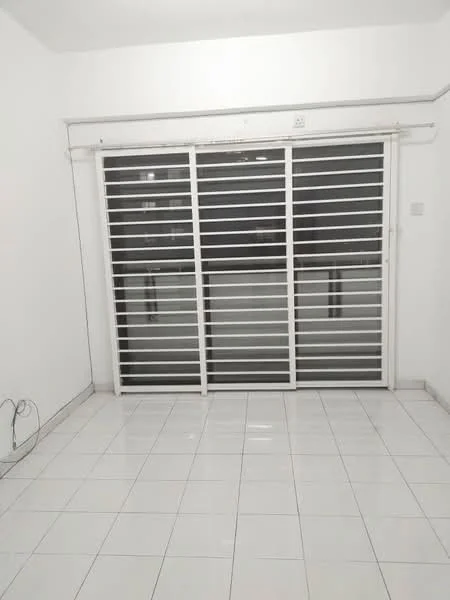 Room features: white painted walls, white tiled flooring, sliding glass door with horizontal slats, floor-to-ceiling windows, no visible furniture or decor; style: minimalist.