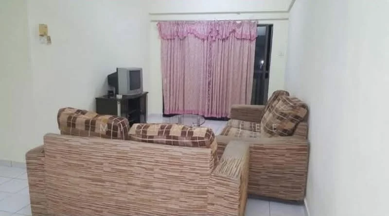 Living features: 2-seater fabric sofa with patterned upholstery, 3-seater fabric sofa with patterned upholstery, wooden TV console, CRT television, curtains with floral pattern, white painted walls, tile flooring, window with view to outside.