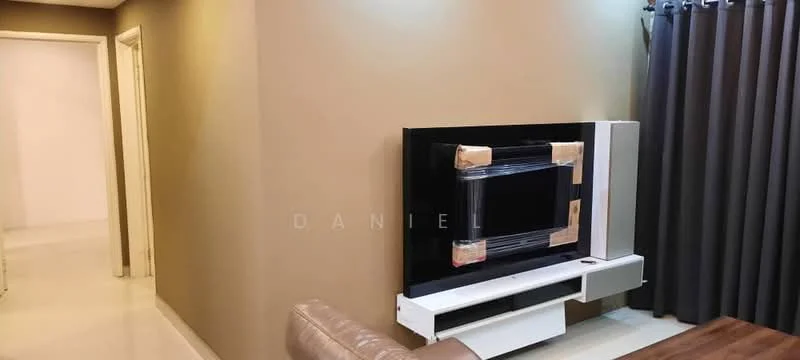 Living features: cream painted walls, white tiled flooring, wall-mounted TV, TV console with storage, dark grey curtains, sofa, dining table, recessed lighting; style: modern. Room features: white walls, white doors, doorway leading to another room.