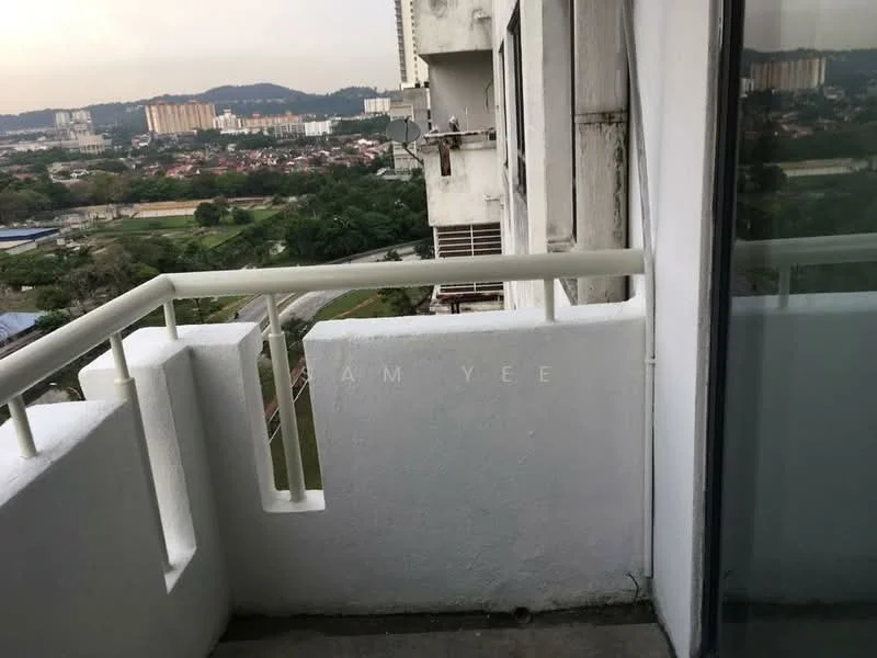 Room features: white painted walls, concrete flooring, railing, glass sliding door, view of city skyline, outdoor space; view: city.