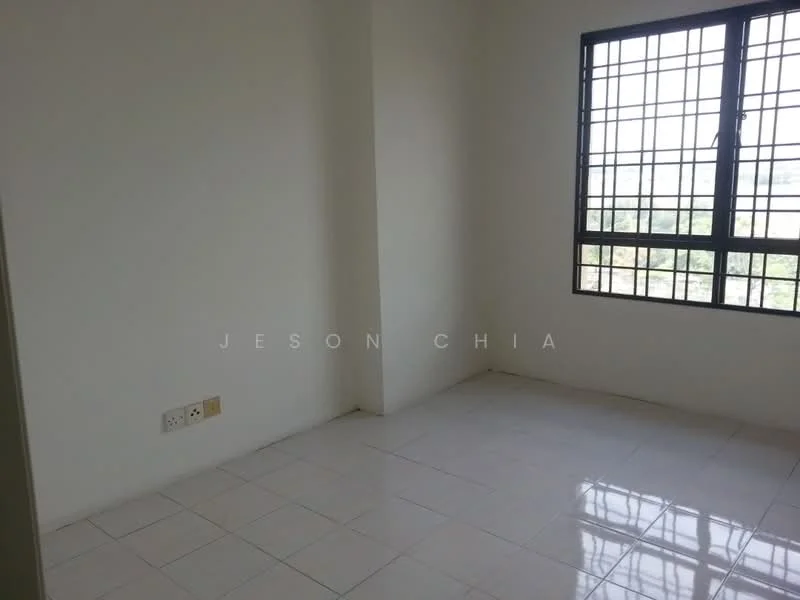 Room features: white painted walls, glossy ceramic tile flooring, large window with grid pattern, natural light, unfurnished; style: minimalist; view: city.