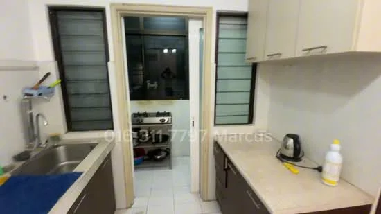Kitchen features: single-bowl stainless-steel sink, chrome pull-down faucet, granite countertop, cream cabinetry, built-in gas stove, kettle, white walls, tile flooring, two sliding windows, wall-mounted shelves; style: modern.