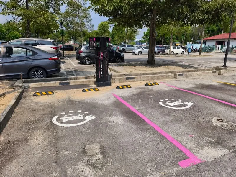 Exterior type: parking deck; features: electric vehicle charging station, marked parking spaces, asphalt parking surface, surrounding trees, multiple parked cars, clear sky, pavement markings in pink, curbside parking; style: modern.