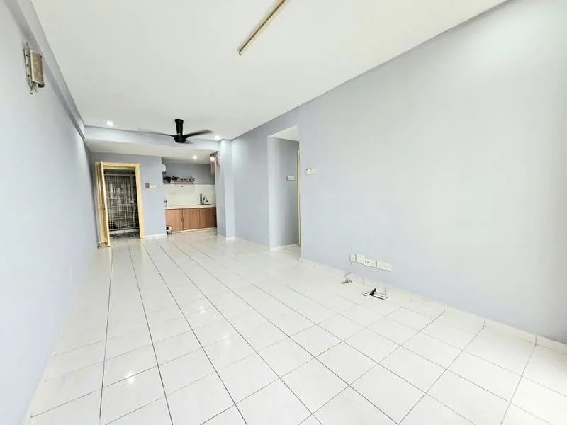 Living features: white painted walls, glossy white tile flooring, 5-blade ceiling fan with light, recessed downlights, open layout, kitchenette visible in background, sliding glass door, no visible furniture; style: modern.