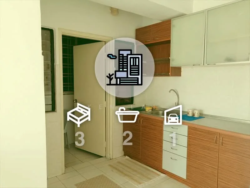 Kitchen features: light-colored walls, white cabinetry, wooden lower cabinets, stainless-steel sink, chrome faucet, countertop with blue mat, tile flooring, built-in cabinets, window with grid pattern, door leading to hallway; style: modern.