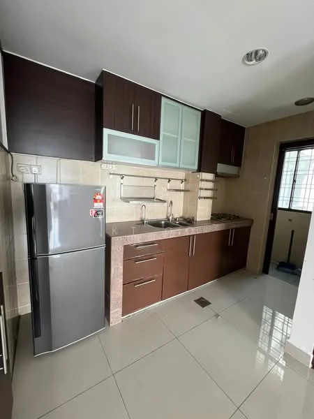 Kitchen features: dark wood cabinetry, light-colored countertop, stainless-steel fridge, built-in gas stove, double-basin stainless-steel sink, wall-mounted kitchen hood, ceramic tile flooring, neutral-colored tiled backsplash, window for natural light, open layout, under-cabinet lighting; style: modern.