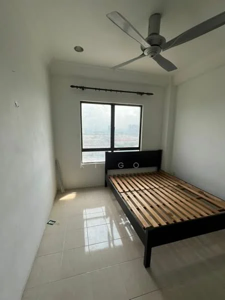 Bedroom features: queen-size bed frame without mattress, white painted walls, tile flooring, 5-blade ceiling fan, large window with city view, curtain rod, natural light from window, minimalist decor; style: modern; view: city.