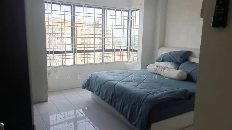 Bedroom features: king-size bed with blue bedding, floor-to-ceiling windows, white painted walls, glossy white tile flooring, decorative pillows, curtains, built-in wardrobe, city view from window; style: modern; view: city.