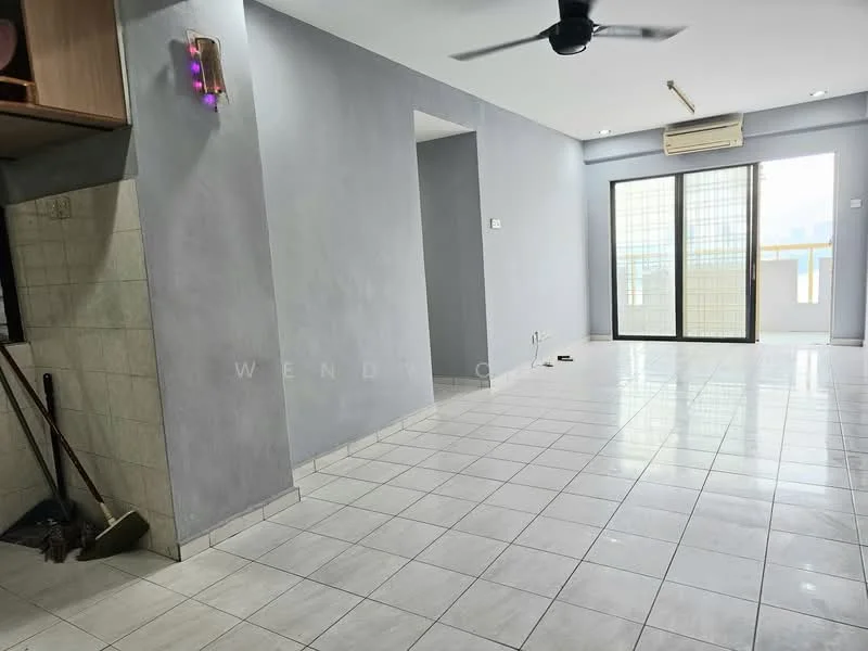 Living features: grey painted walls, white tiled flooring, 5-blade ceiling fan, sliding glass door, floor-to-ceiling windows, air conditioning unit, open layout, natural light from windows; style: modern. Kitchen features: white tiled backsplash, kitchen cabinetry, counter space, kitchen sink, visible broom.