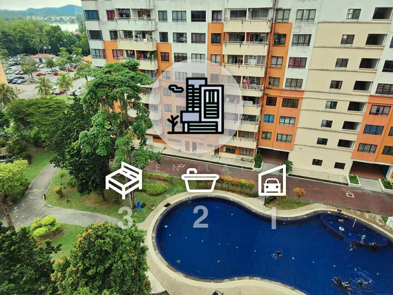Exterior type: mid-rise condominium; features: swimming pool, landscaped garden, manicured lawn, paved walkway, parking lot, balconies on building, surrounded by greenery, multiple storeys, pool deck with loungers; style: modern.