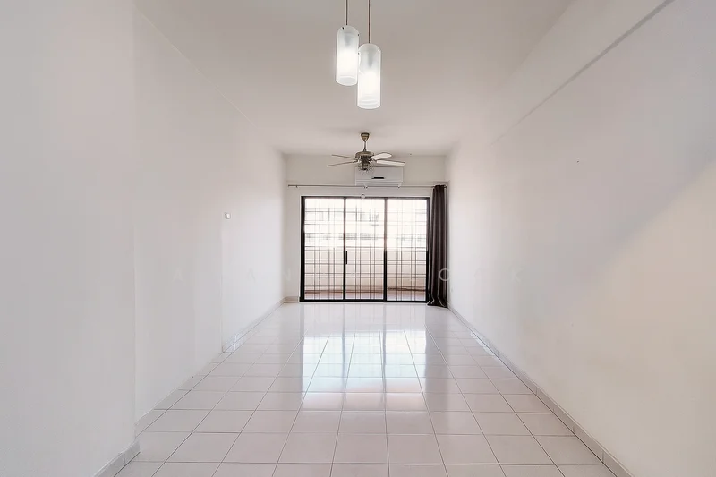 Living features: white painted walls, glossy white tile flooring, 5-blade ceiling fan with light, floor-to-ceiling windows, sliding glass door, sheer curtains, recessed downlights; style: modern; view: city.