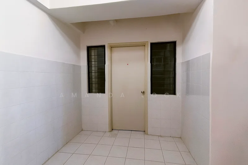 Room features: white painted walls, grey tiled walls, white floor tiles, single door, two small windows, neutral color scheme.