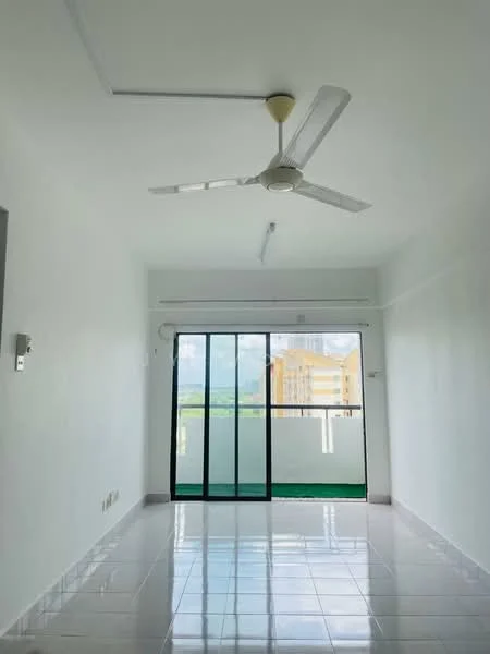 Living features: white painted walls, polished ceramic tile flooring, 5-blade ceiling fan, floor-to-ceiling sliding glass door, green balcony view, recessed ceiling lights; style: modern; view: garden.