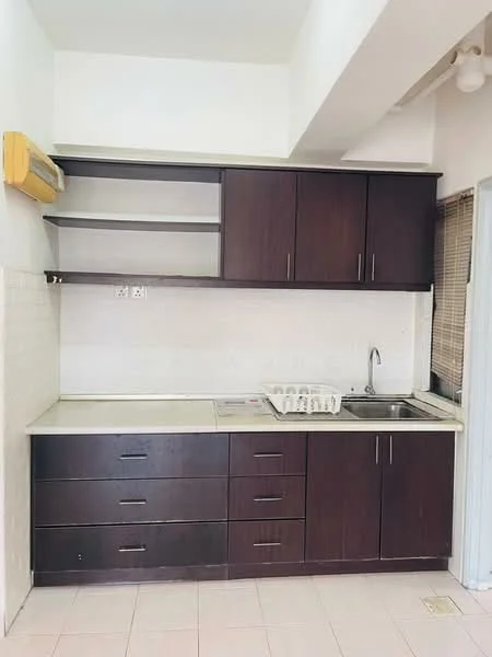 Kitchen features: dark wood cabinetry, white countertop, single-bowl stainless-steel sink, chrome pull-down faucet, tile backsplash, open shelving, built-in oven, 2-burner gas hob, exposed wall with white tiles, floor tiles in light color, window with blinds, air conditioning unit; style: modern.