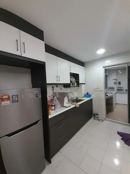 Kitchen features: white upper cabinets, dark lower cabinets, stainless-steel fridge, single-bowl stainless-steel sink, chrome pull-down faucet, white countertop, tile backsplash, recessed LED downlights, white tiled flooring, open layout to adjacent room; style: modern.