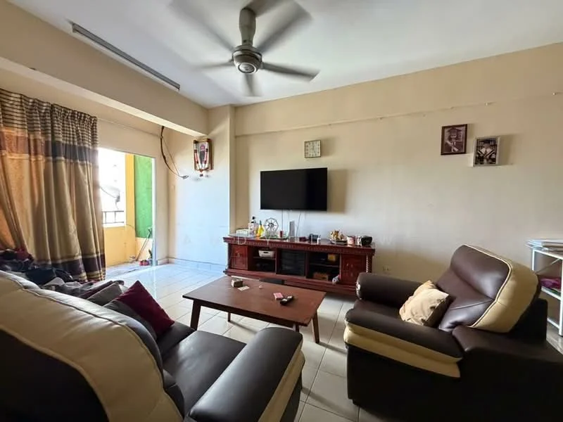 Living features: 3-seater leather sofa in brown and cream, 2-seater leather sofa in brown, coffee table, wall-mounted TV, TV console with storage, ceiling fan, floor-to-ceiling windows, curtains with patterned design, tiled flooring, decorative wall clock, framed artwork on walls; style: contemporary; view: garden.