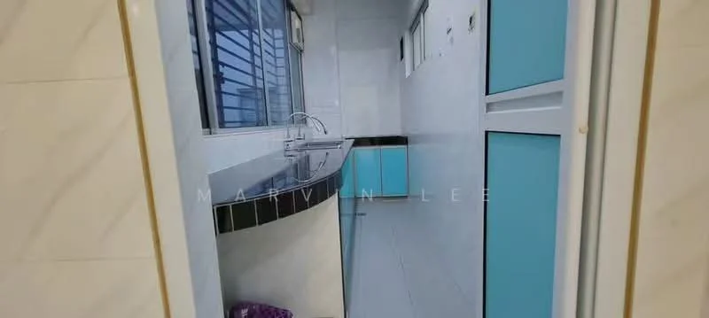 Kitchen features: single-bowl stainless-steel sink, chrome pull-down faucet, grey countertop, white tiled walls, blue cabinetry, black tiled backsplash, white tile flooring, window with horizontal blinds; style: modern.